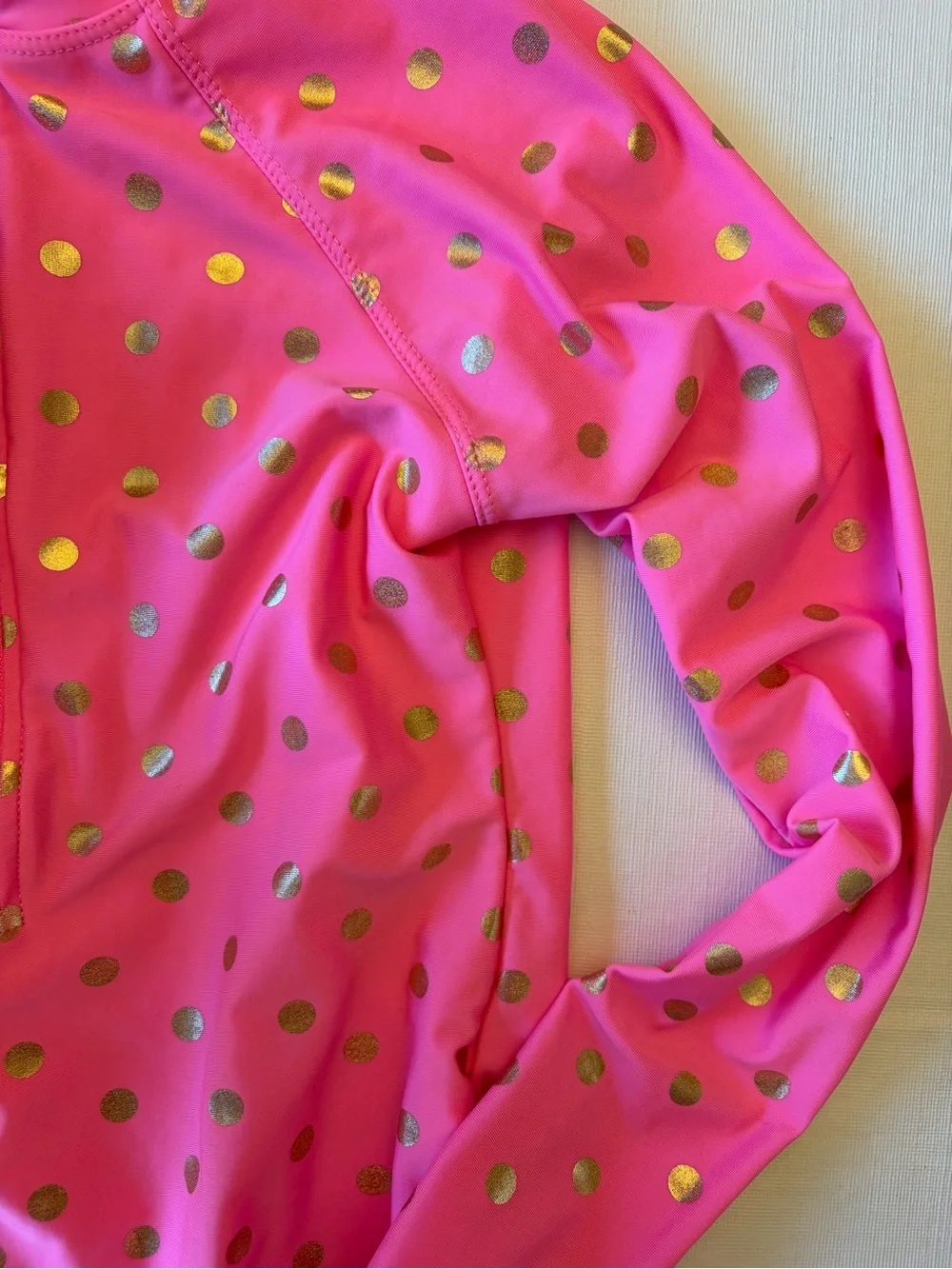 Girls 10/12 Pink Long-Sleeve Rash Guard Swimsuit with Gold Dot Print